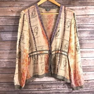 J. Jill Boho Sheer Printed Deep V Button Kimono M